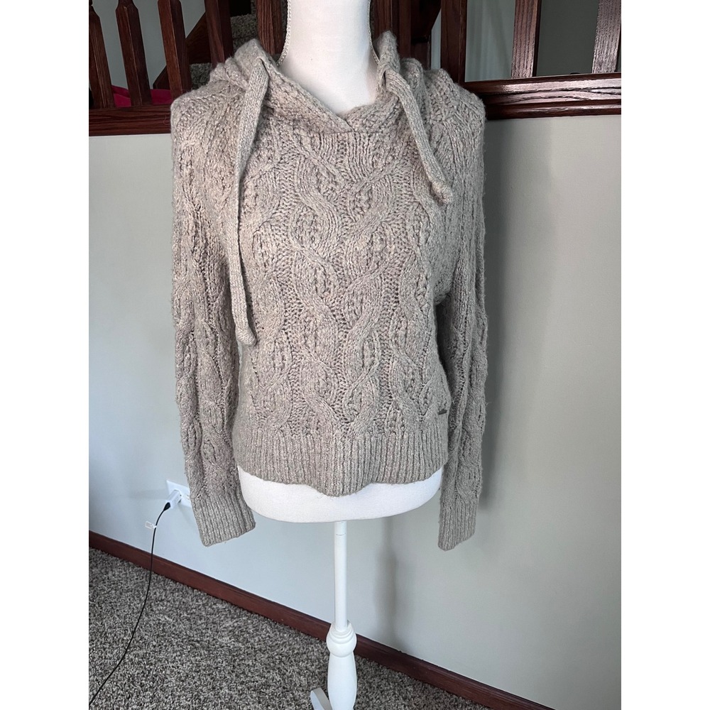 Abercrombie & Fitch Women Gray Cable Knit Hooded Sweater Size S Taupe Marl